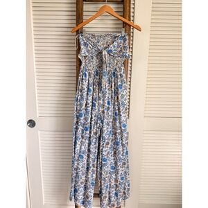 PATRONSE PEACE Floral Smocked Tube Jumpsuit Wide Leg Blue White Boho Size S‎